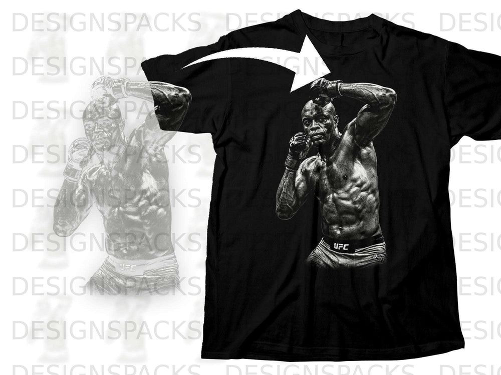 Black t-shirt with UFC fighter graphic and white arrow overlay.