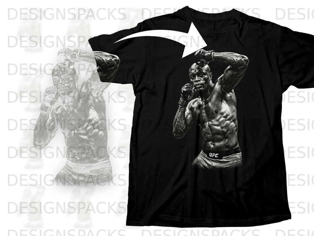 Black t-shirt with UFC fighter graphic and white arrow overlay.