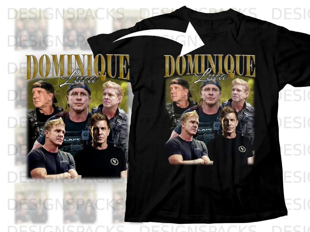 Black t-shirt featuring Dominique with four images of actors from S.W.A.T.