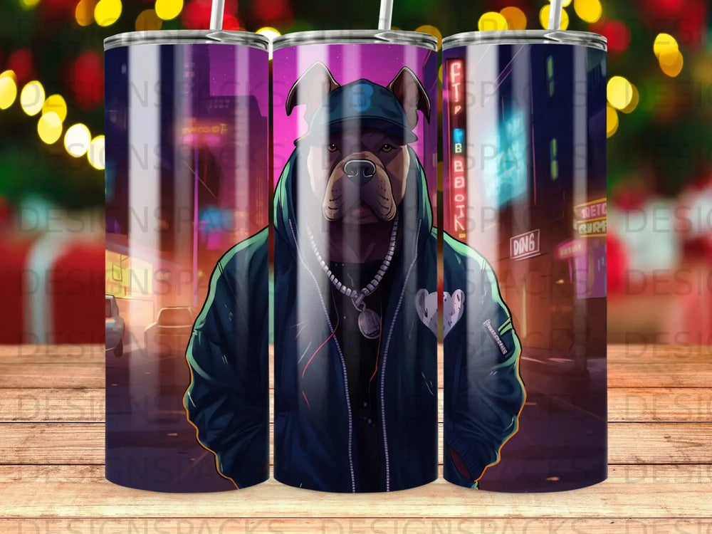 Pitbull wearing a hat and jacket against a neon city background.