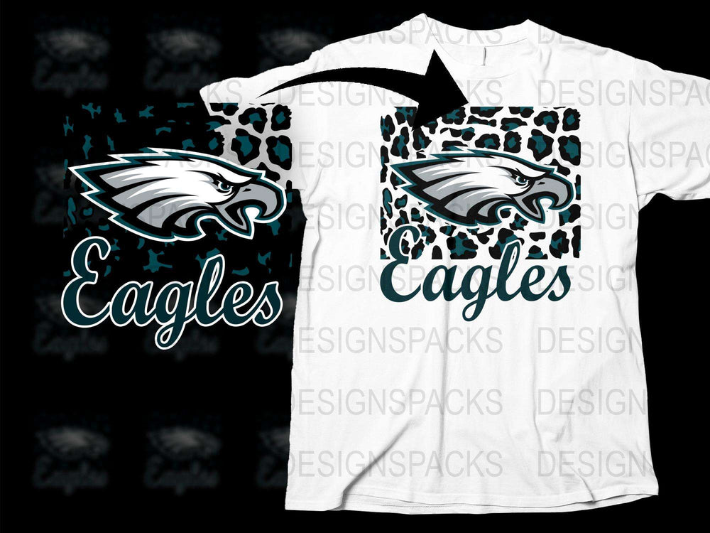 Eagles Themed T-Shirt with Leopard Print and Team Logo in Teal and Black Colors