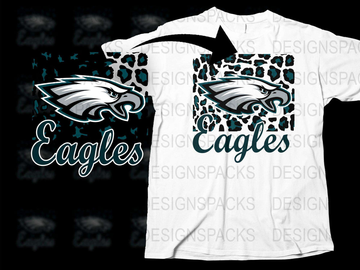 Eagles Themed T-Shirt with Leopard Print and Team Logo in Teal and Black Colors