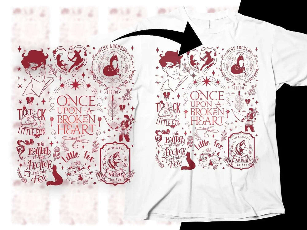 White t-shirt with red 'Once Upon a Broken Heart' design, featuring archer, fox, and whimsical elements