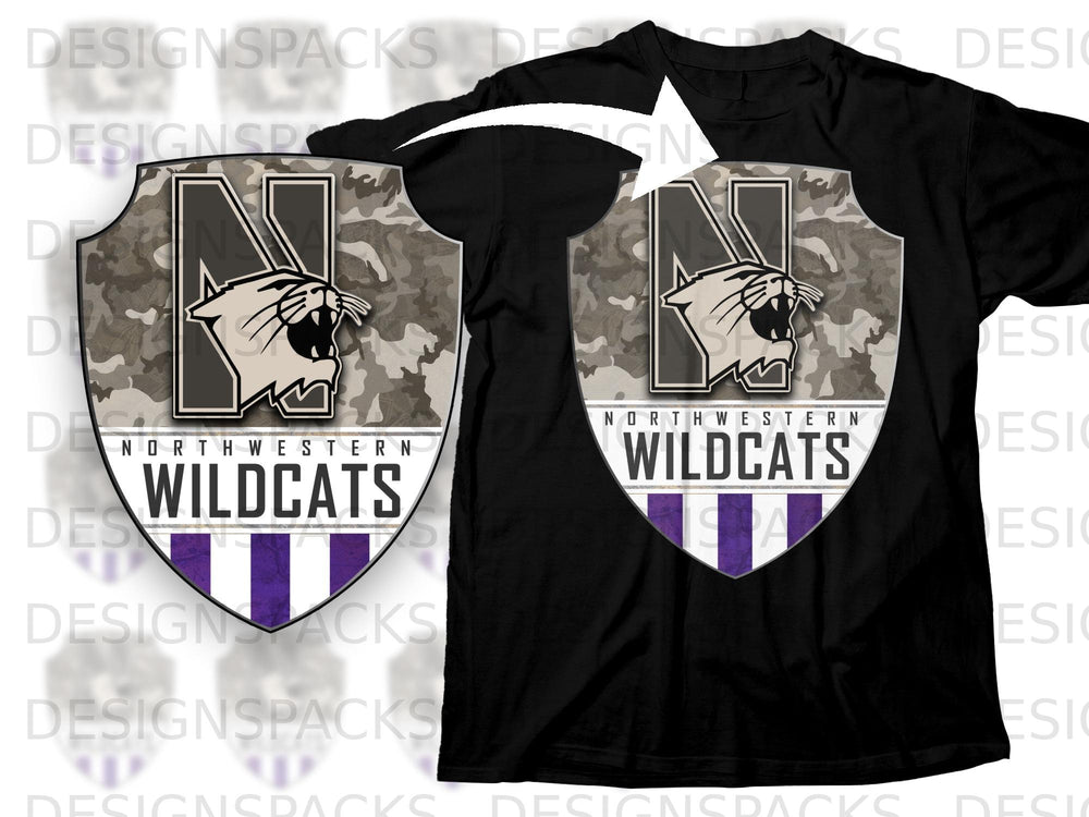 Northwestern Wildcats shield logo with a wildcat head and camouflage background on a black t-shirt.