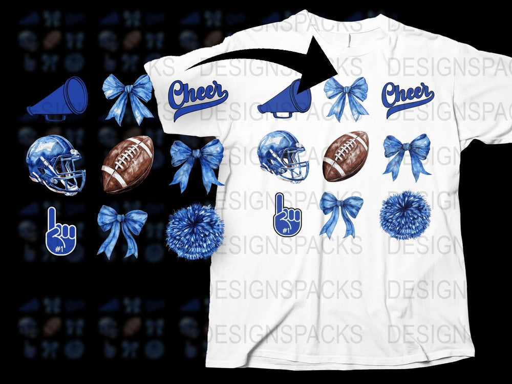 Cheerleading T-Shirt Blue and White, Cheer Bows, Pompoms, Football Graphic Tee, Sports Fan Apparel