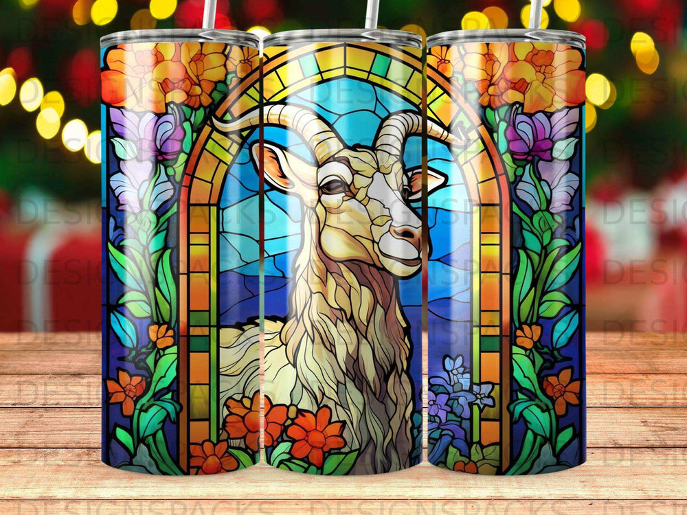 Stained glass goat portrait surrounded by floral motifs and archway.