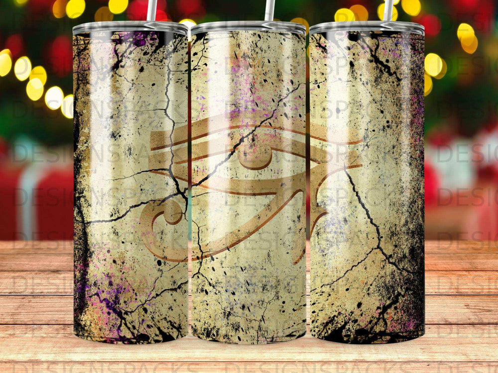 Tall tumbler with distressed texture and Eye of Horus symbol.