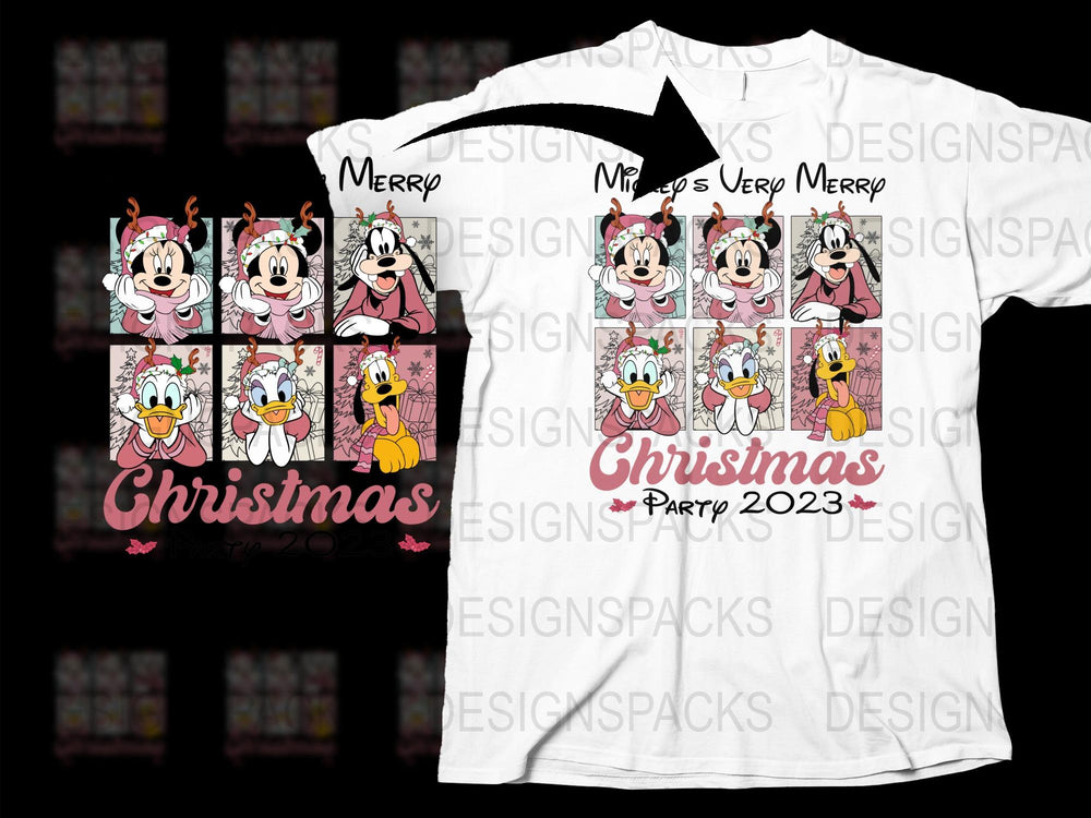 Merry Christmas Party 2023 Minnie Mouse T-Shirt, Festive Holiday Tee, Colorful Cartoon Character Apparel, Kids and Adults Sizes Available