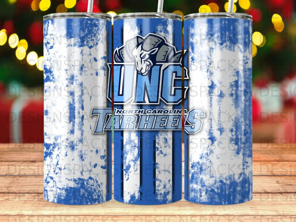 UNC Tar Heels tumbler with blue and white distressed design.