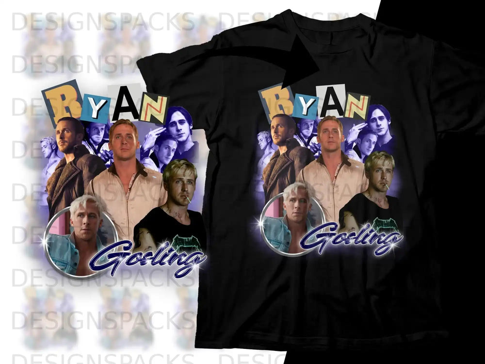 Ryan Gosling "The Nice Guys" movie poster design on black t-shirt.
