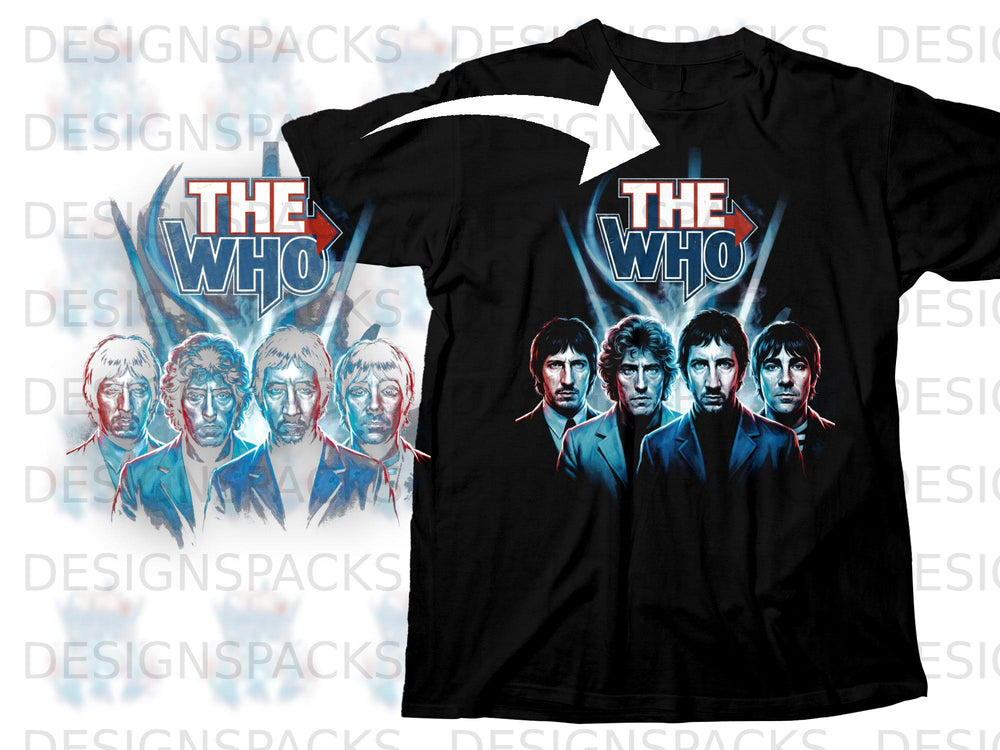 Black t-shirt with "The Who" logo and band members illustration.