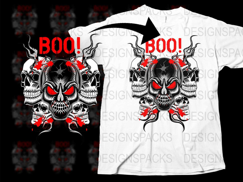Gothic Skull T-Shirt, Horror Boo Graphic Tee, Unisex Black and White Halloween Apparel