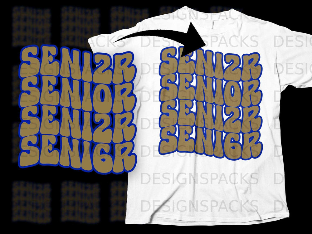 Gold "SENIOR" text with blue outline on a white t-shirt.