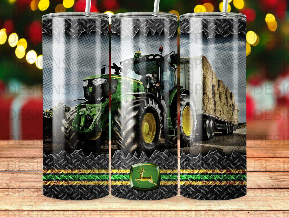 Green tractor pulling a trailer of hay on a textured background.