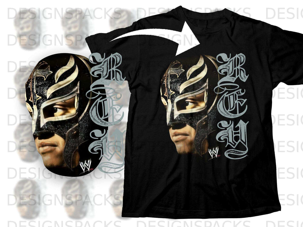Black t-shirt with Rey Mysterio's mask and face.