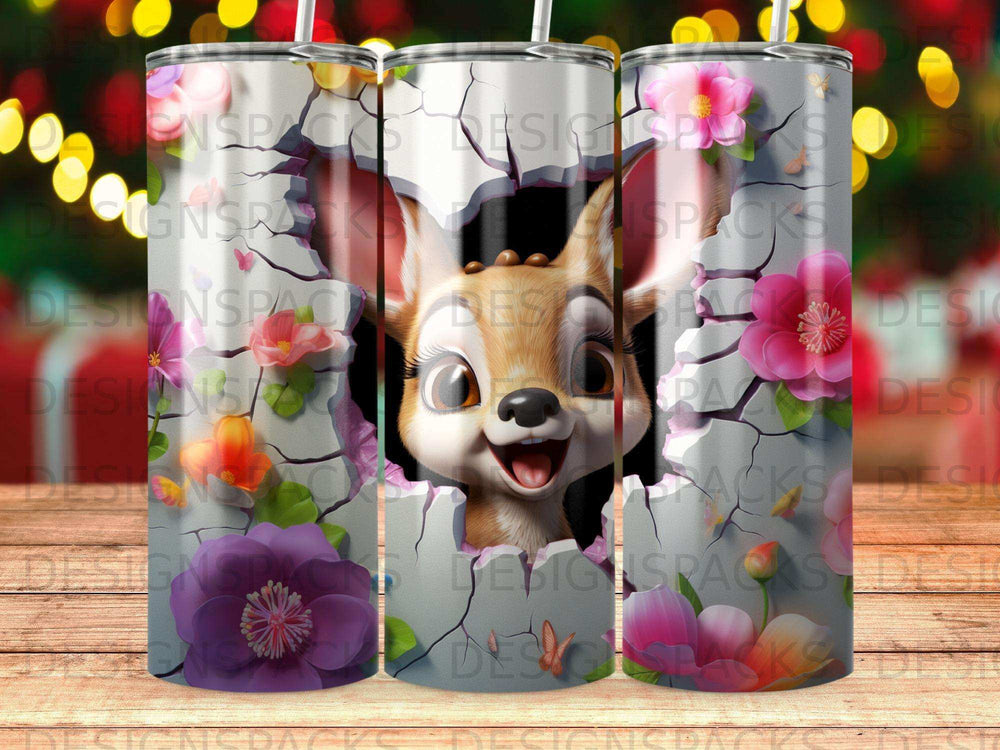 Cute fawn peeking through cracked wall with flowers.