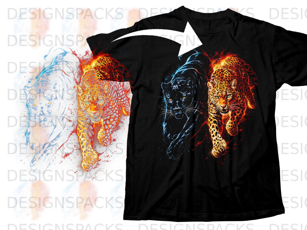 Black t-shirt with a black panther and a fiery leopard design.