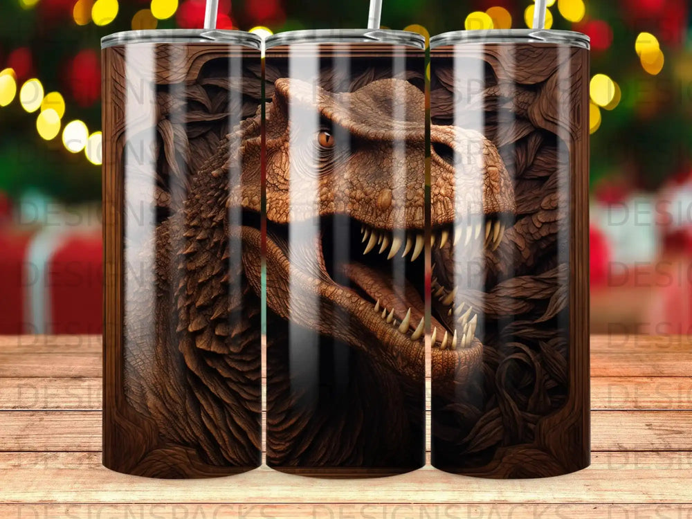Close-up of a detailed T-Rex head with sharp teeth against a wood grain background.