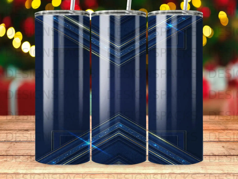 Dark blue tumbler with gold geometric pattern and diagonal stripes.