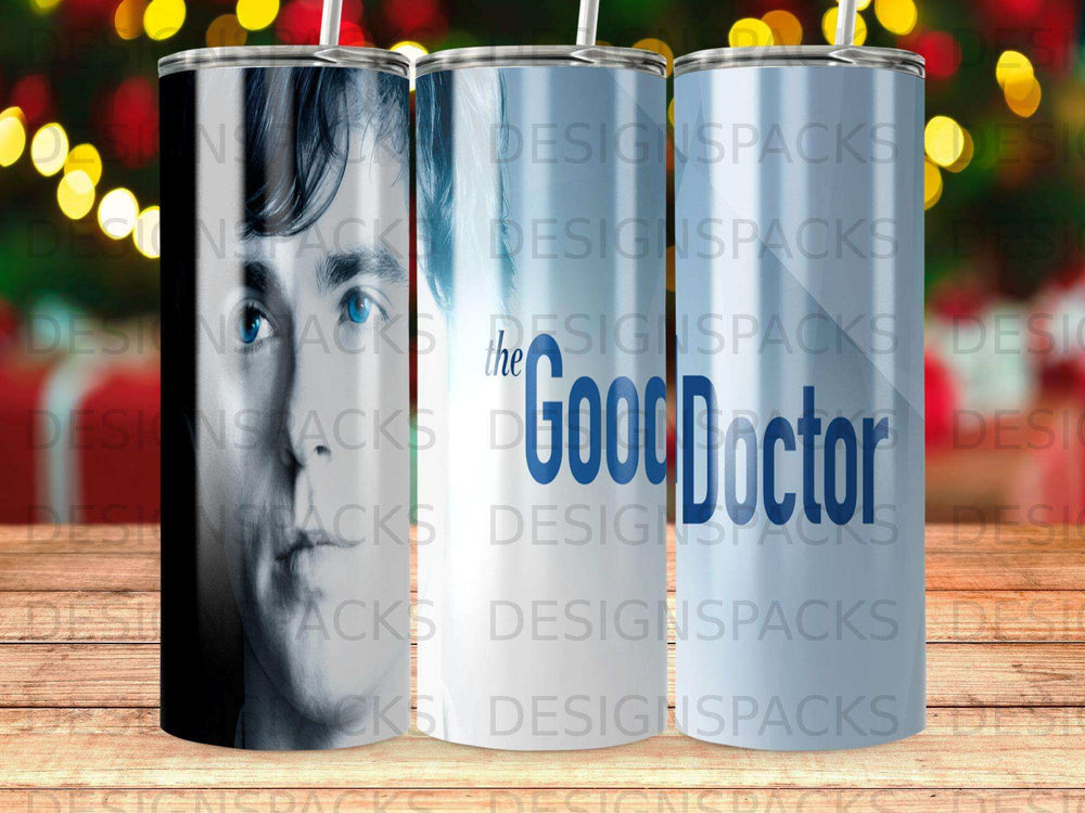 Tumbler featuring a black and white portrait of a man and "The Good Doctor" logo.