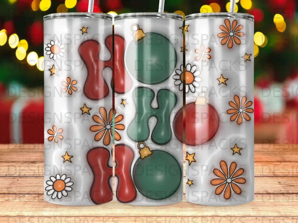 Retro "HO HO HO" text with Christmas ornaments on a tumbler.