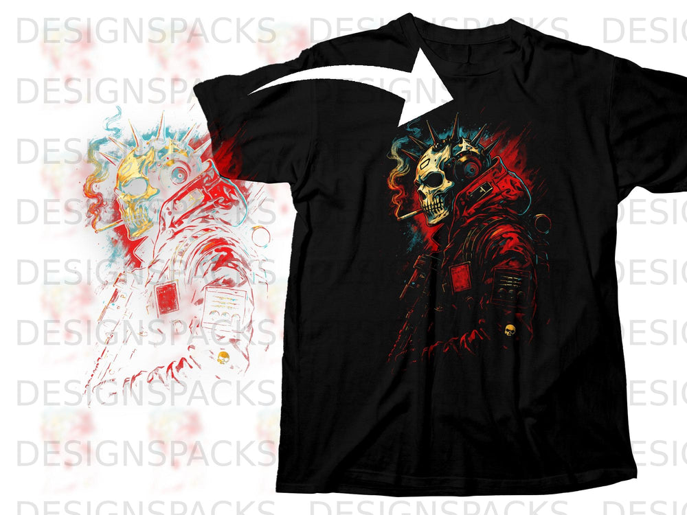 Black t-shirt with a graphic of a smoking skull in a red spiked helmet.