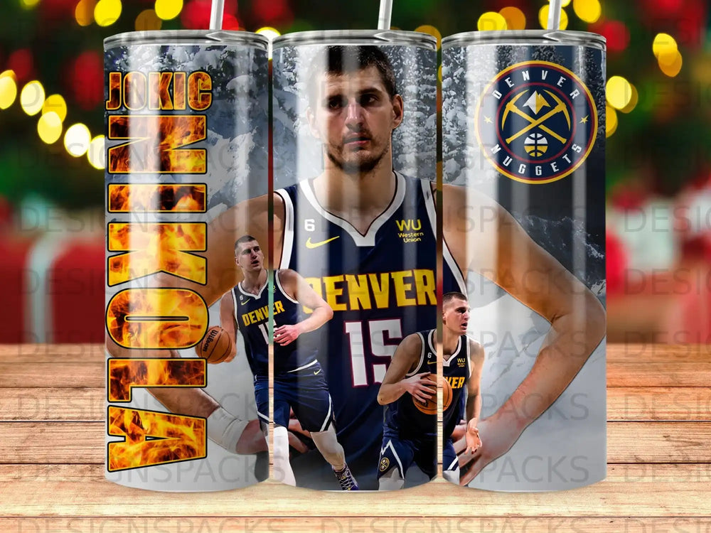 Nikola Jokic of the Denver Nuggets basketball team in uniform on a tumbler.