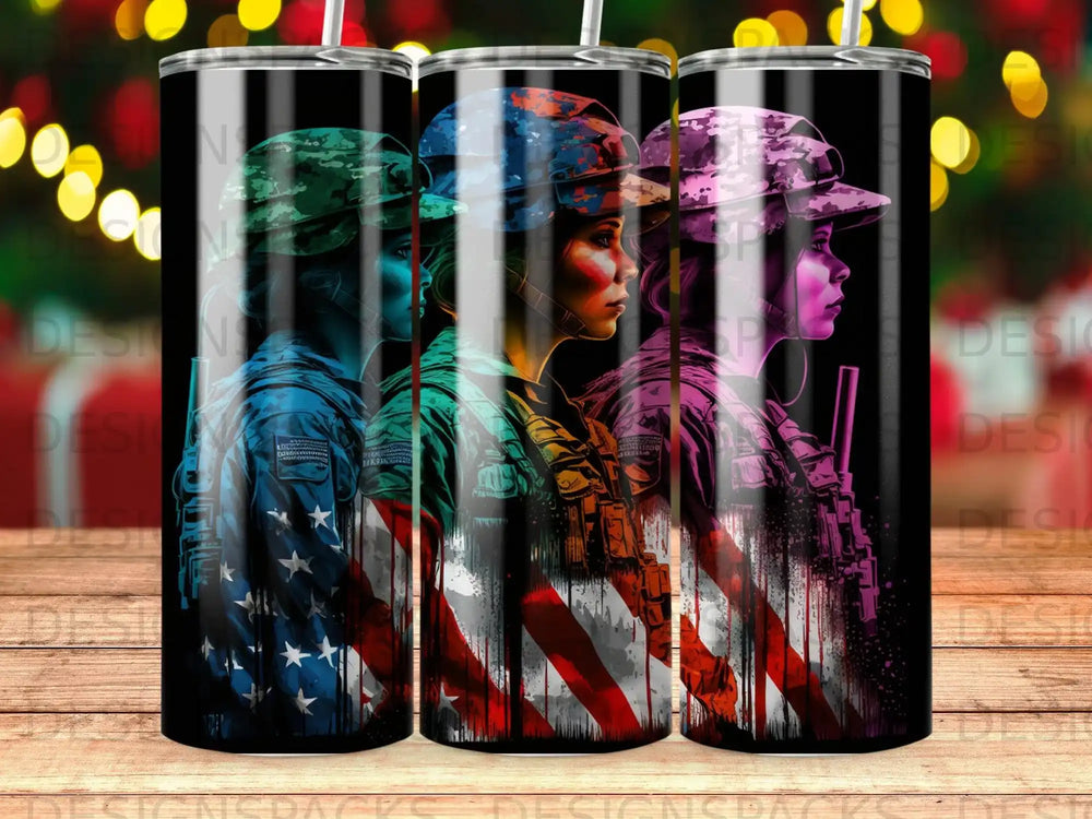Three tumblers featuring women in military attire with American flag designs.