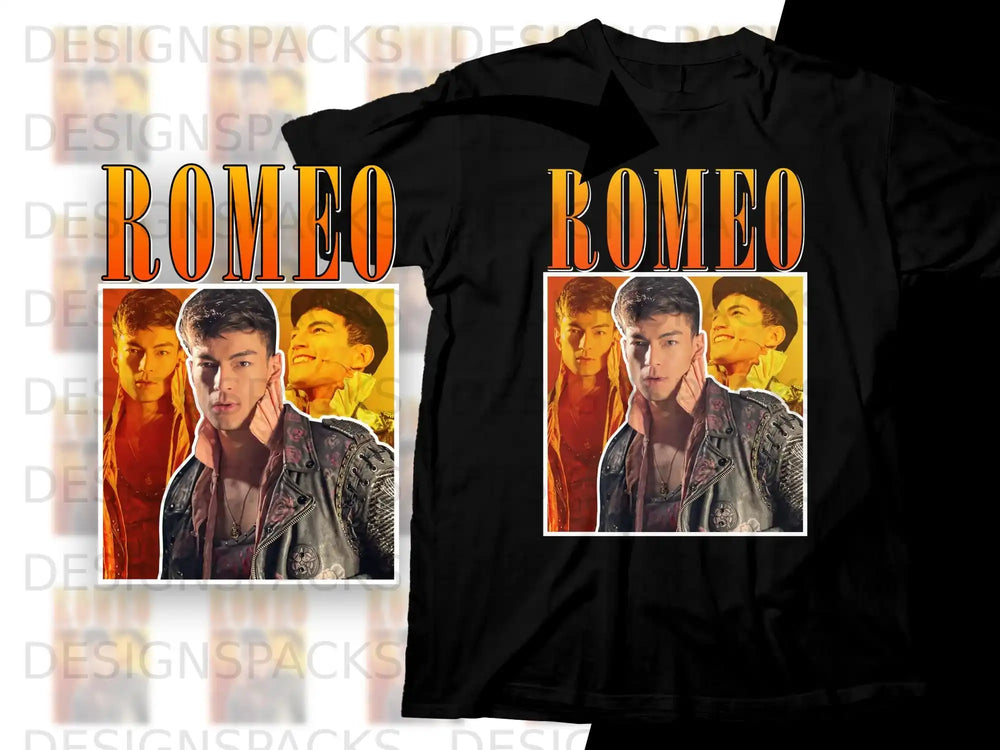 Black t-shirt with "ROMEO" text and portrait of a young man.