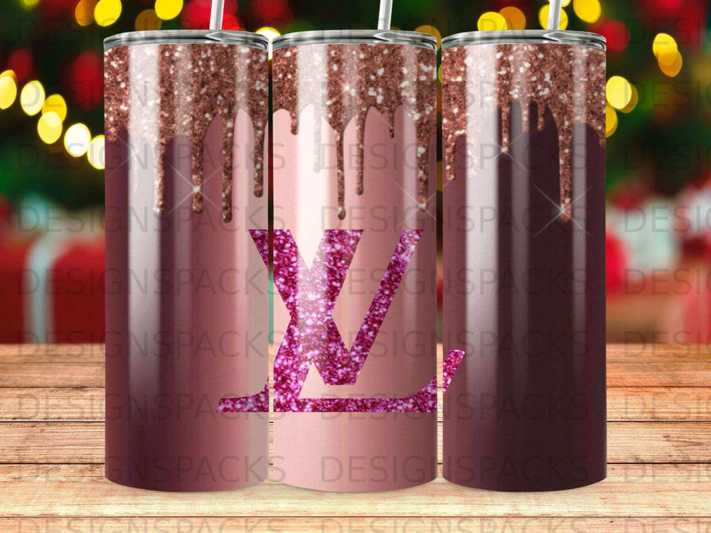 Glitter drips on tumbler with monogrammed "LV" logo.