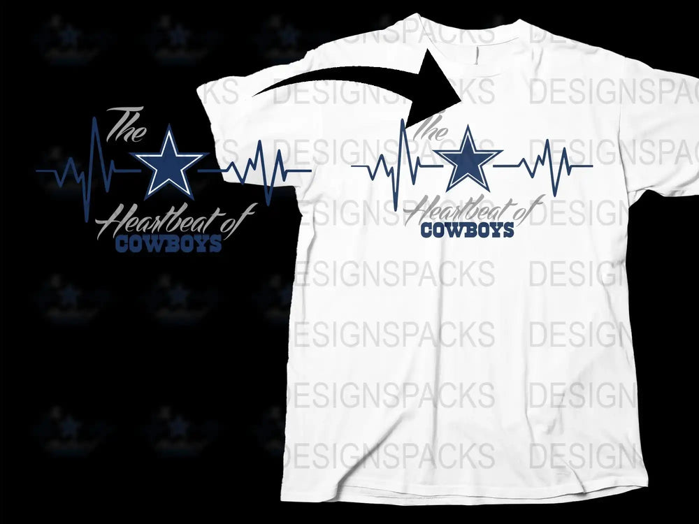 Heartbeat of Cowboys T-Shirt, Blue and White Graphic Tee, Star Design, Casual Wear for Fans