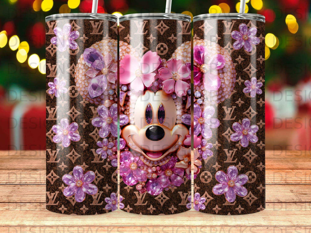 Mickey Mouse head surrounded by LV print, flowers, and gemstones.