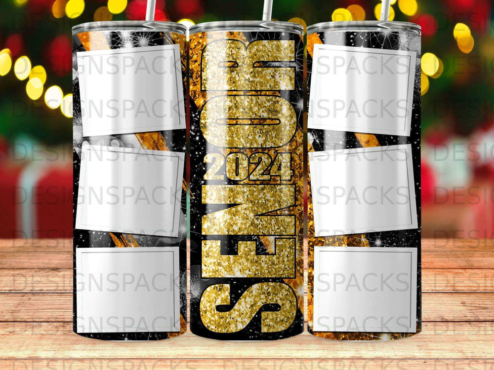 Gold glitter "2024" text on a black tumbler with colorful bokeh lights.