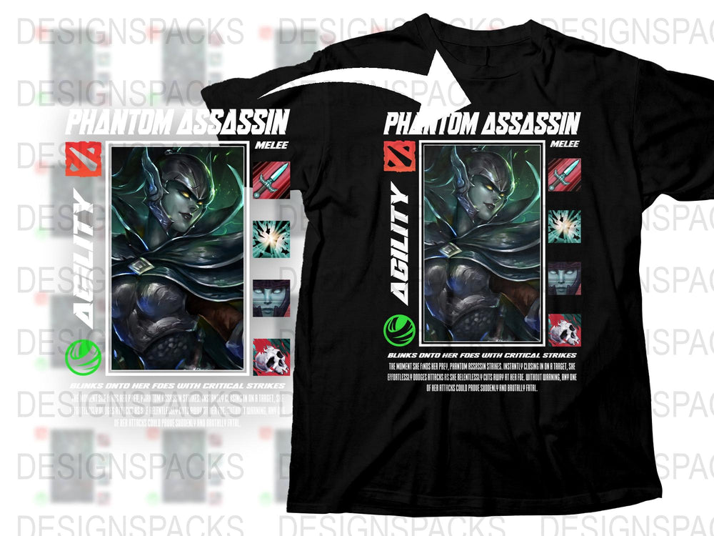 Phantom Assassin Dota 2 T-Shirt, Gamer Graphic Tee, Black Cotton Shirt, Unisex Gaming Apparel, Geek Gift Idea