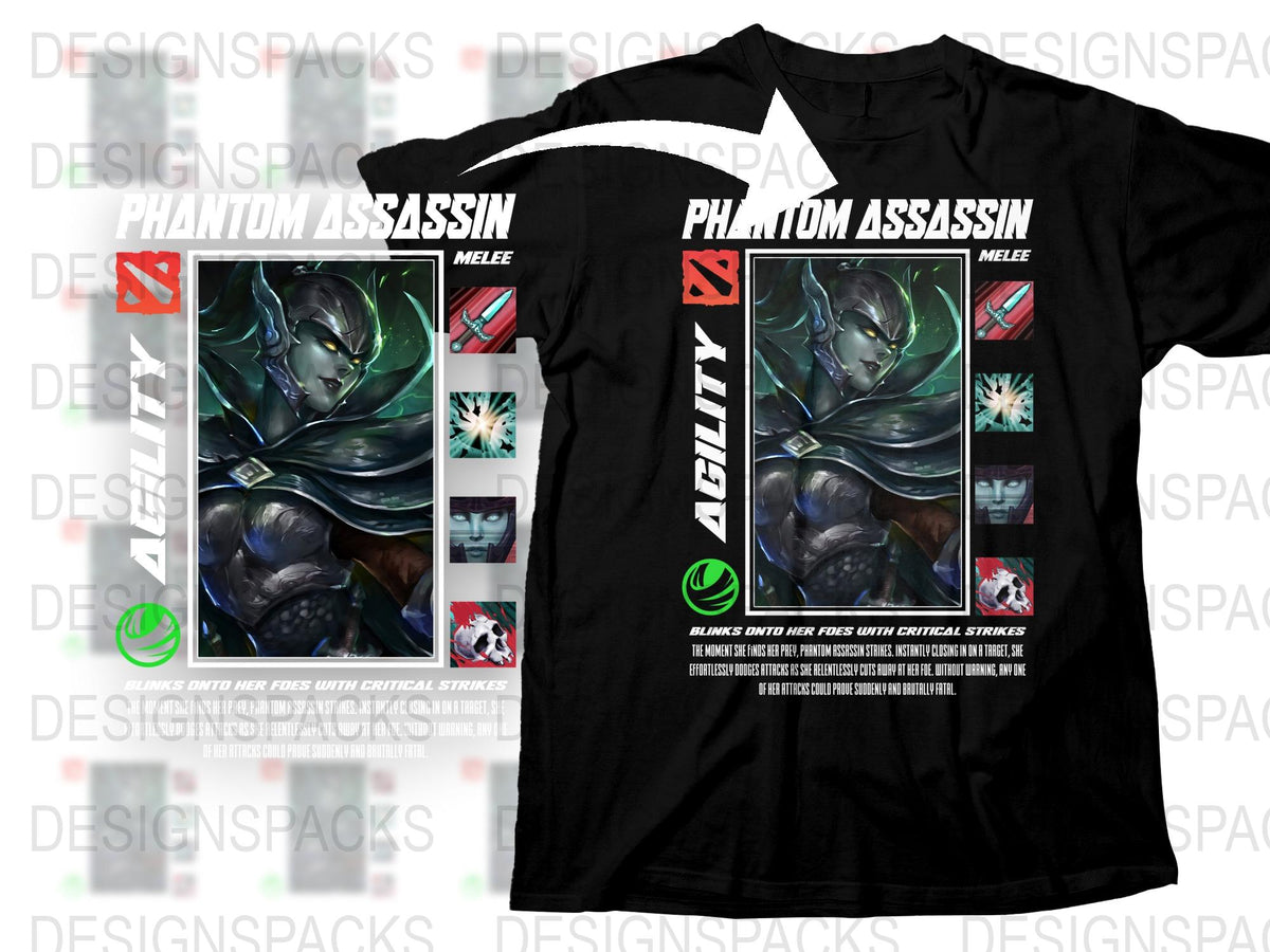 Phantom Assassin Dota 2 T-Shirt, Gamer Graphic Tee, Black Cotton Shirt, Unisex Gaming Apparel, Geek Gift Idea