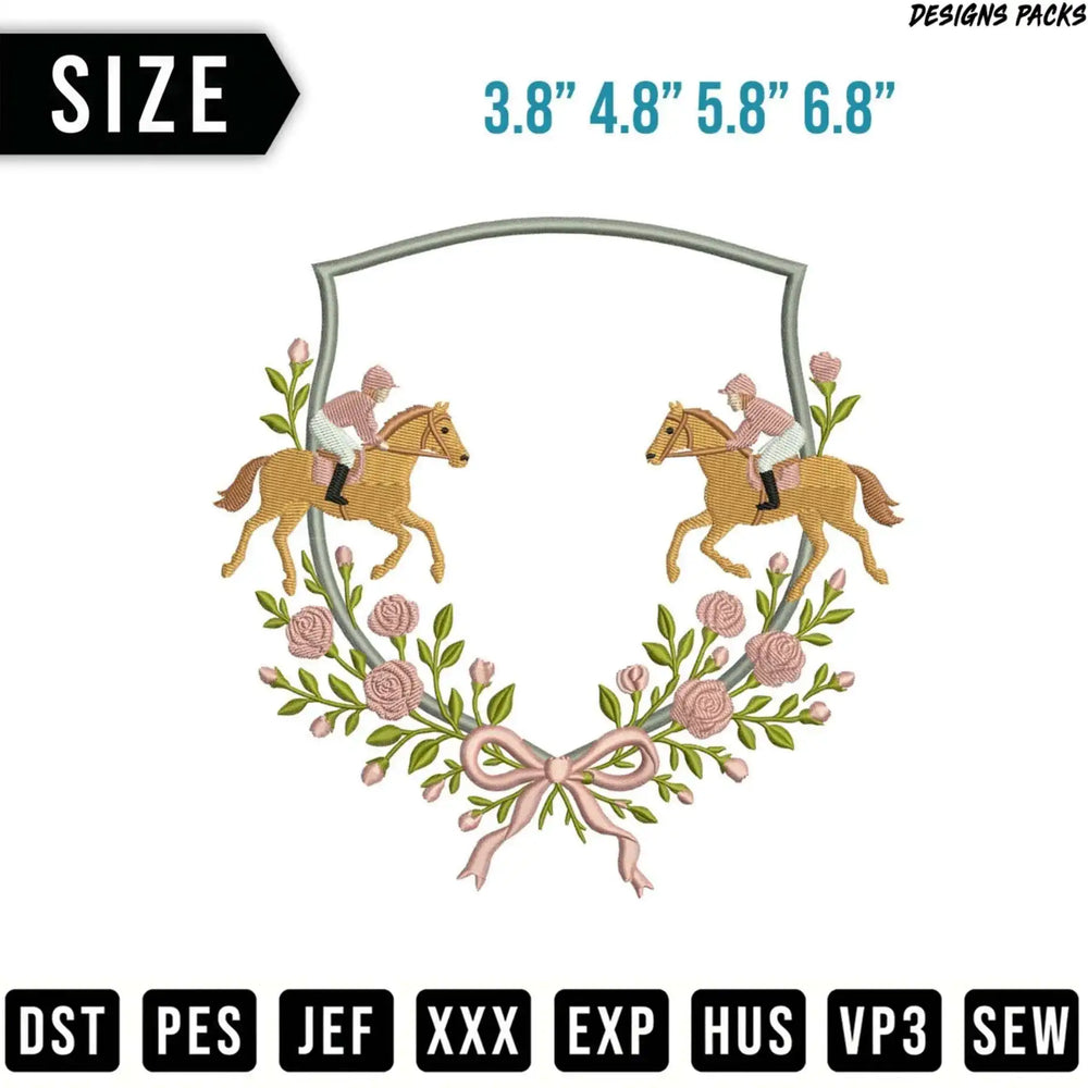 Two horses in a wreath of roses, with sizes and file types listed.