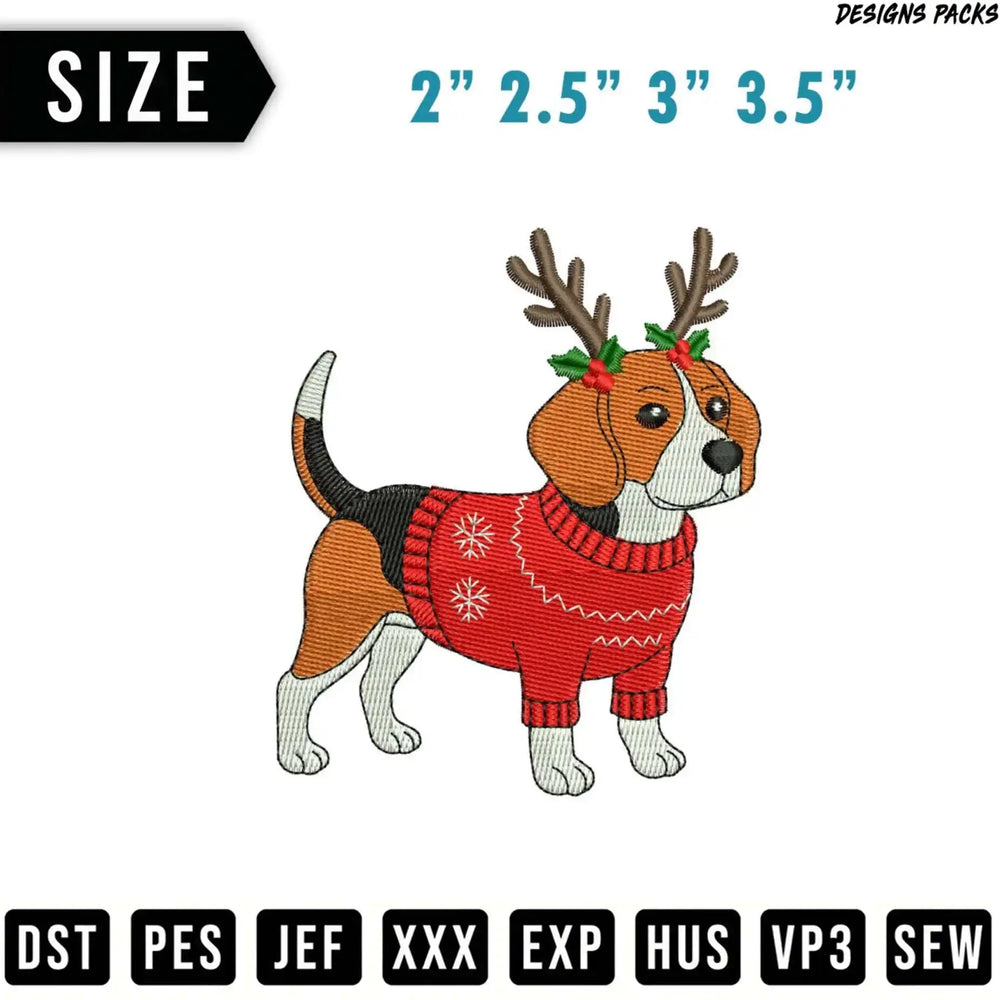 Beagle wearing a Christmas sweater and reindeer antlers, with size options.