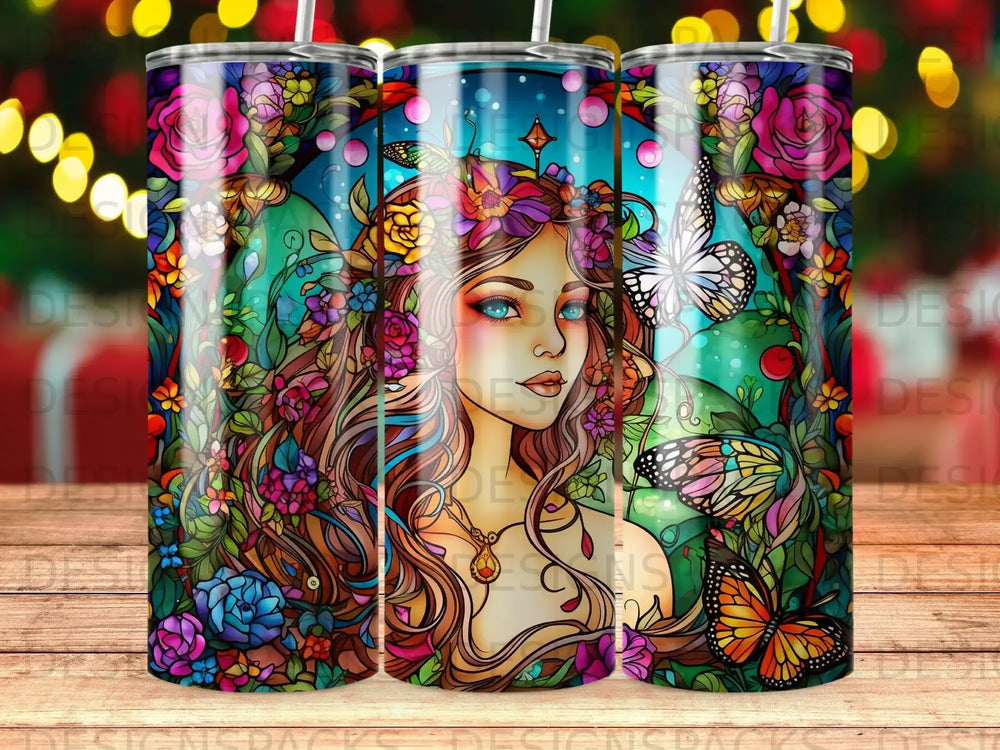 Woman with colorful flowers and butterflies in hair, detailed fantasy art.