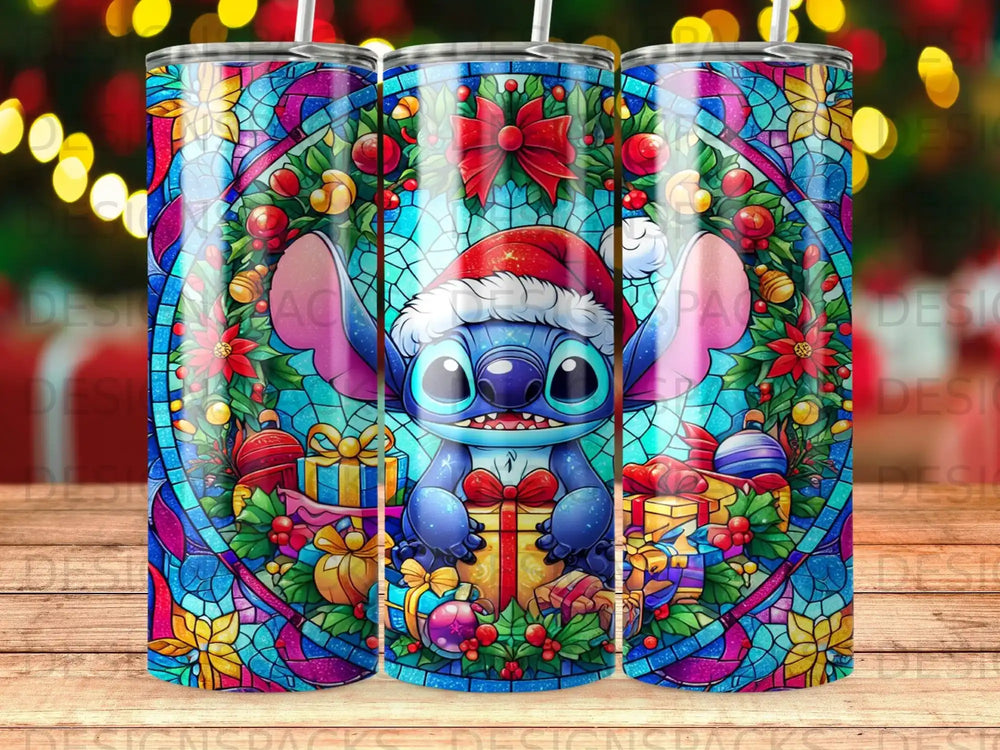 Stitch in Santa hat surrounded by Christmas gifts and stained glass border.