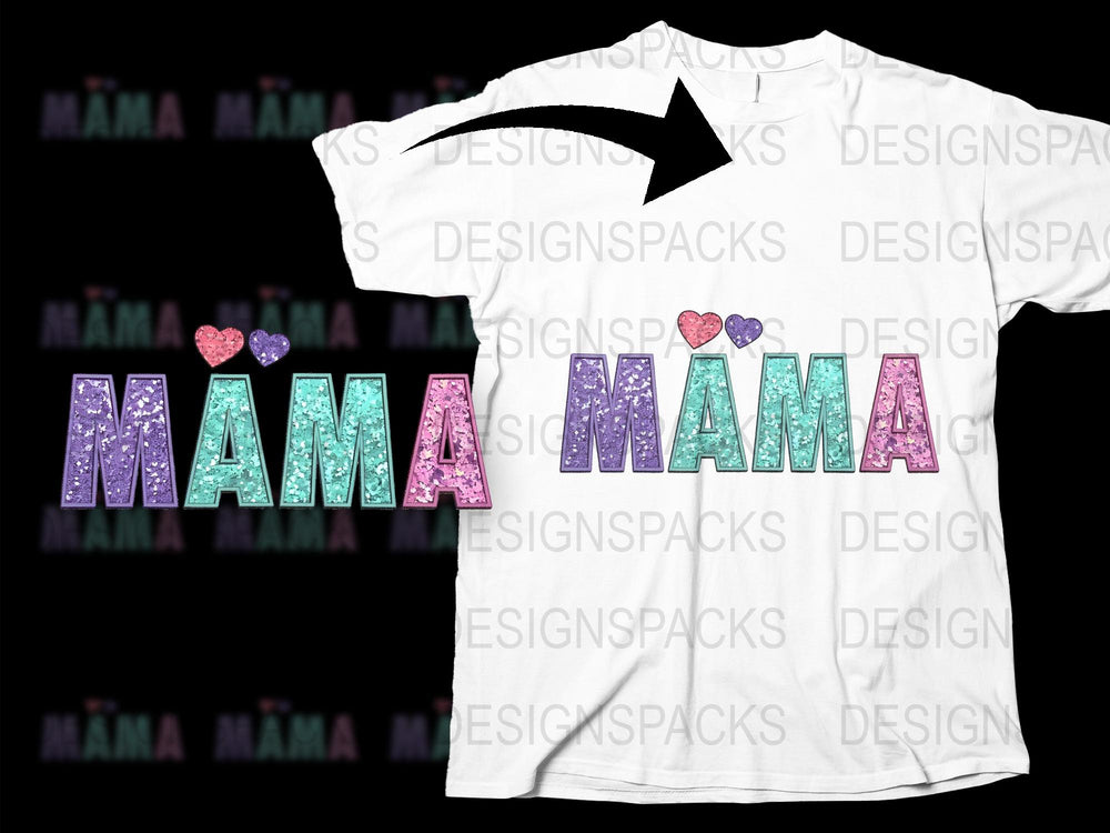Mama Heart Glitter Sparkle T-Shirt, Stylish Modern Mom Gift, Casual Women's Graphic Tee