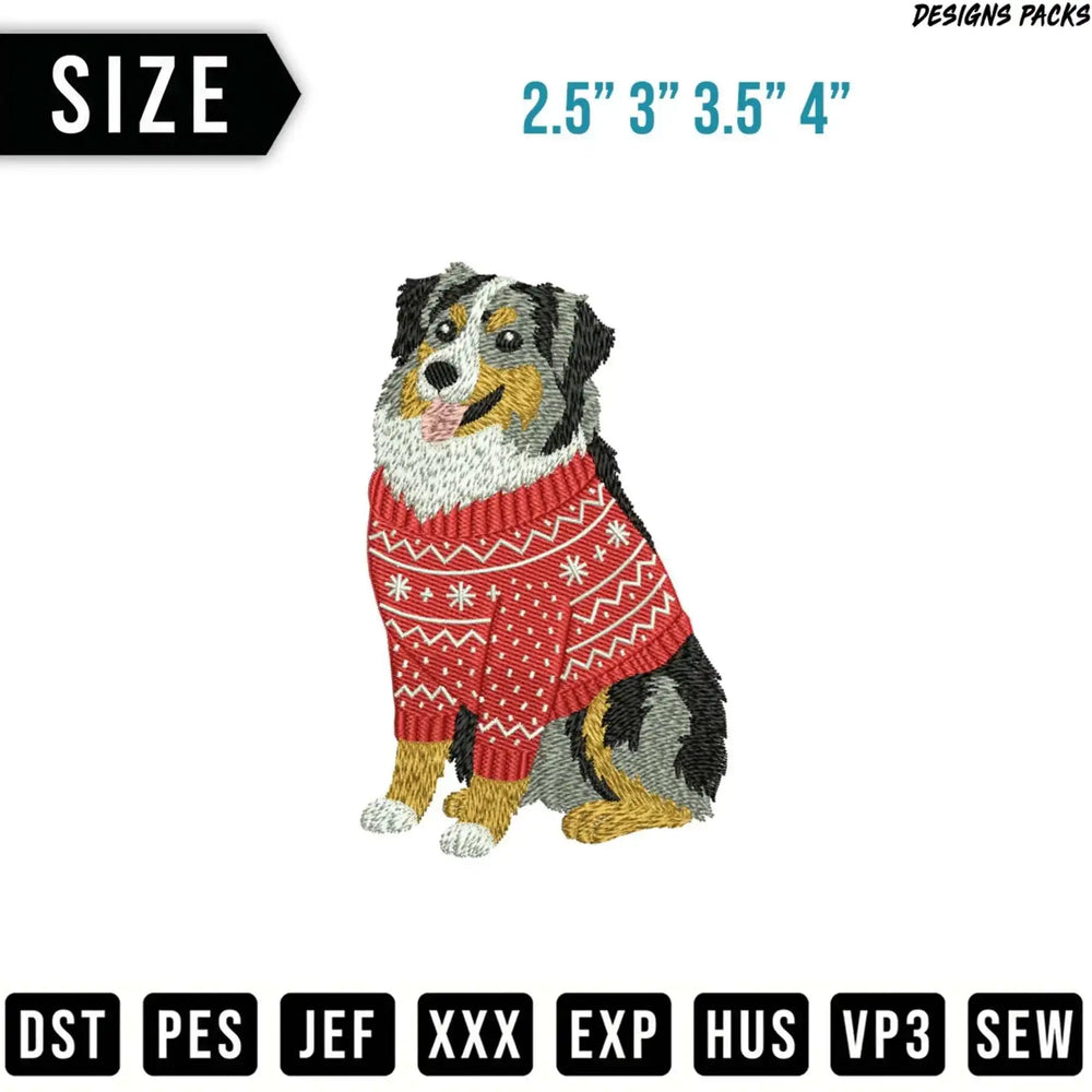 Australian Shepherd dog wearing a red sweater, with size options.