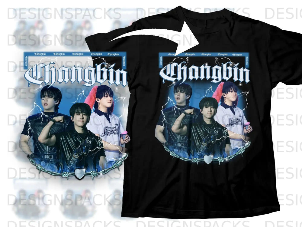 Black t-shirt with Changbin from Stray Kids graphic.