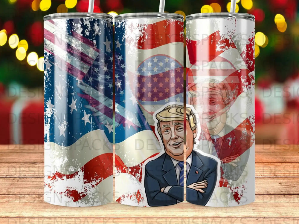 American flag with Donald Trump portrait, patriotic tumbler design.