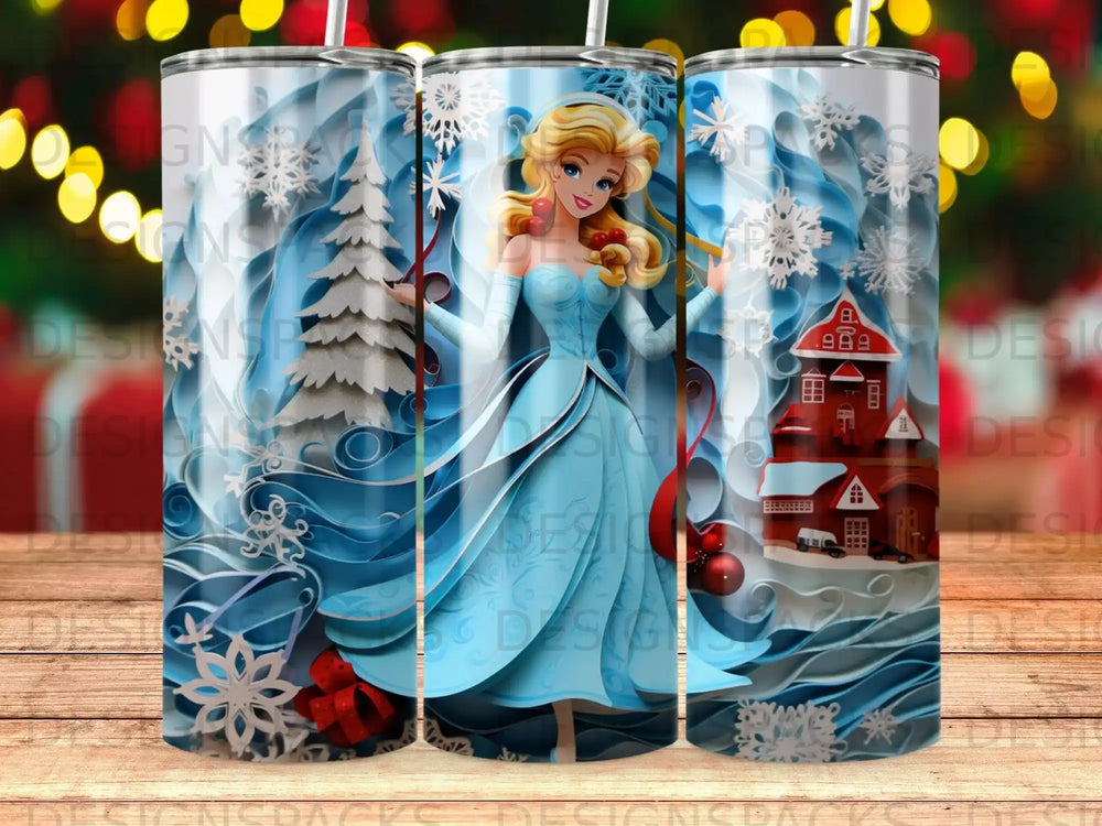 Cinderella in a blue gown with snowflakes, castle, and Christmas tree.