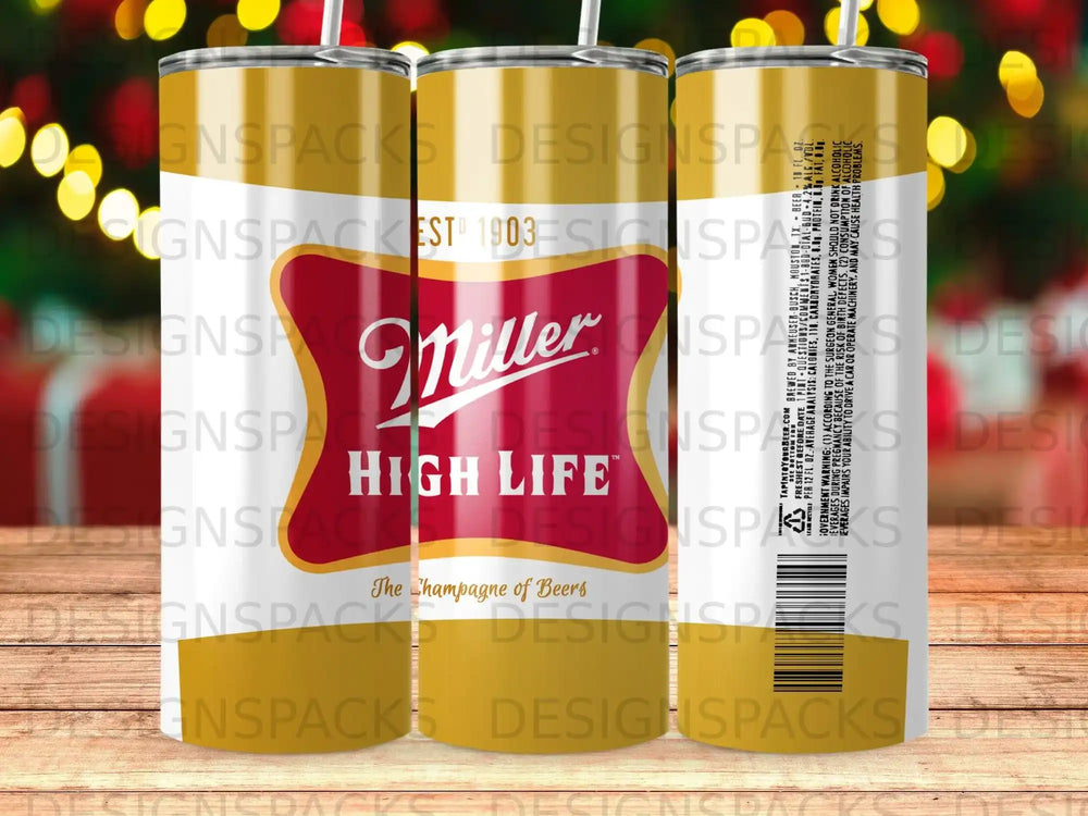 Miller High Life beer can with "The Champagne of Beers" text.