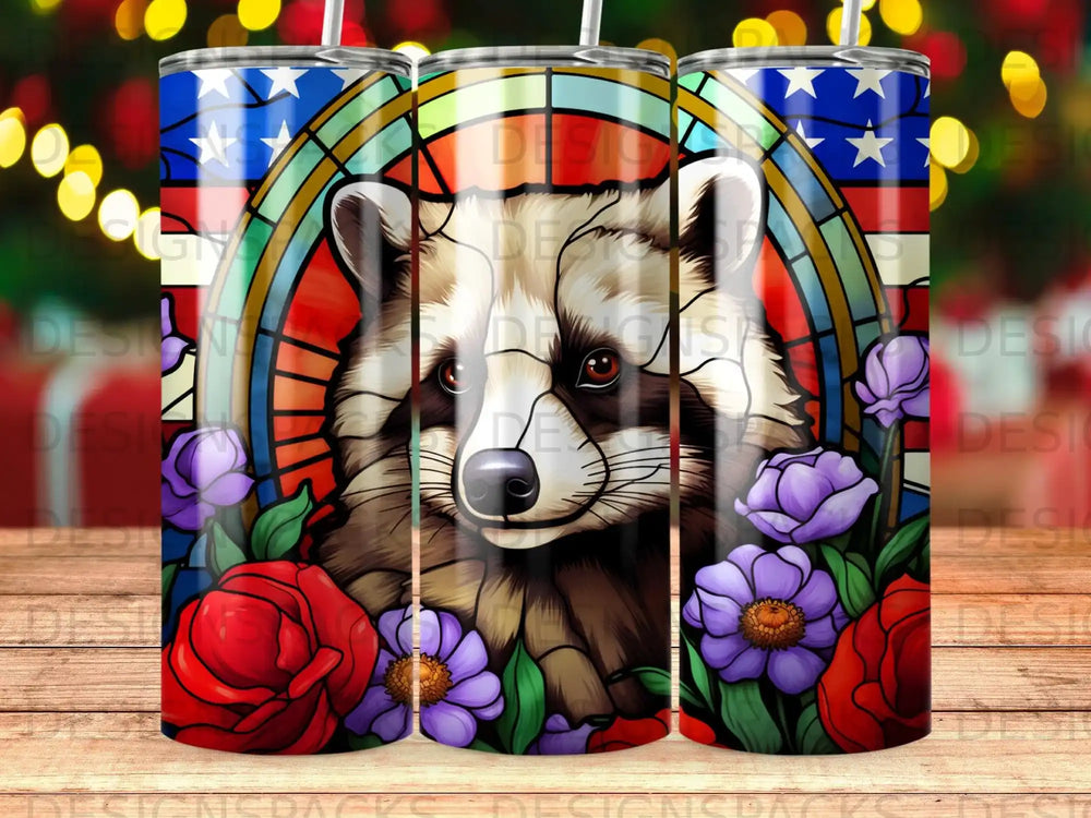 Raccoon with stained glass flag and flowers design.