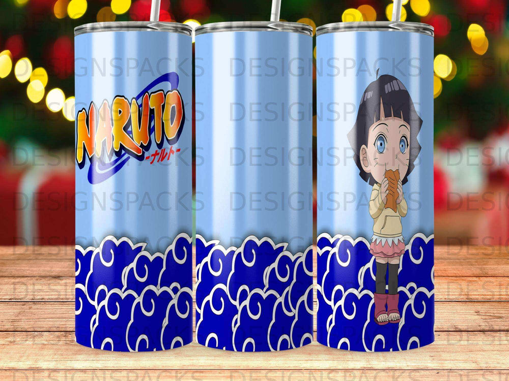 Naruto and Boruto characters on a blue tumbler with cloud pattern.