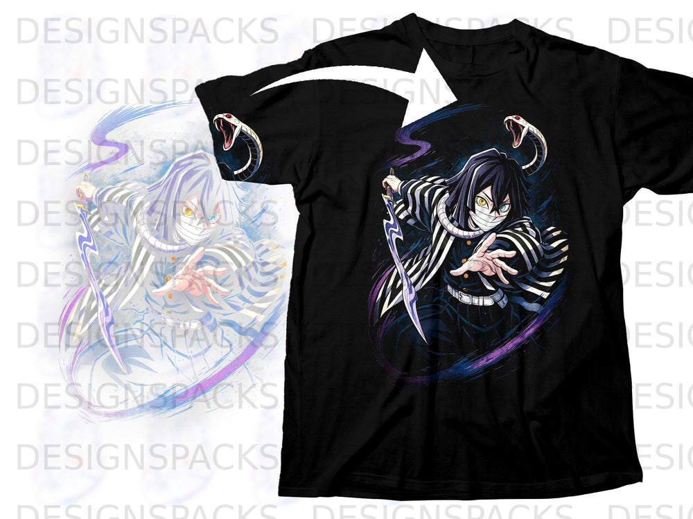 Black t-shirt with anime character Obanai Iguro and a snake.