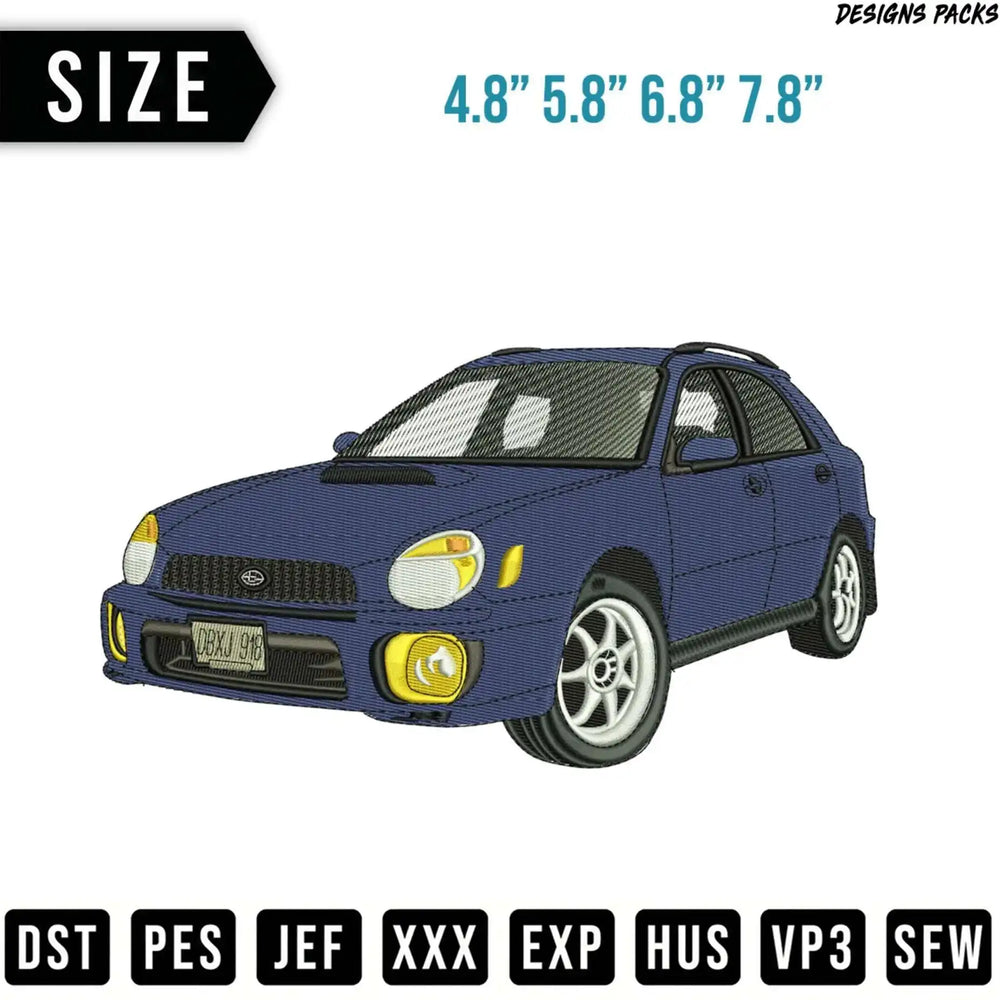Blue Subaru WRX hatchback with size options and file types.