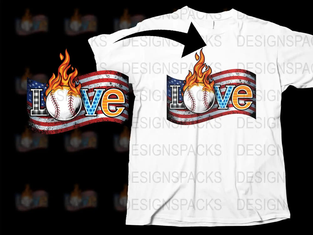 Patriotic Love Baseball T-Shirt, Flaming Text Graphic Tee, USA Flag Sports Fan Apparel